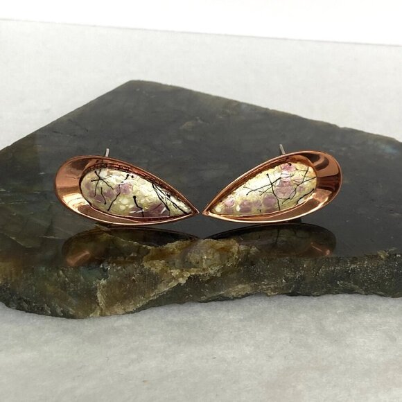 VTG Signed Renoir Matisse Copper Modernist Enamel Teardrop Clip On Earrings - Picture 5 of 16